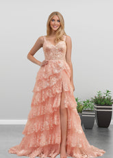 Lydia | A Pink Prom Dress Long A Line Princess Off the Shoulder Lace Ruffles With Corset - Pink - PromDressClub